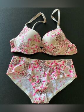 Floral & Leopard Print Pushup Bra 36B and Brief Size Small Set - Pink on Beige
